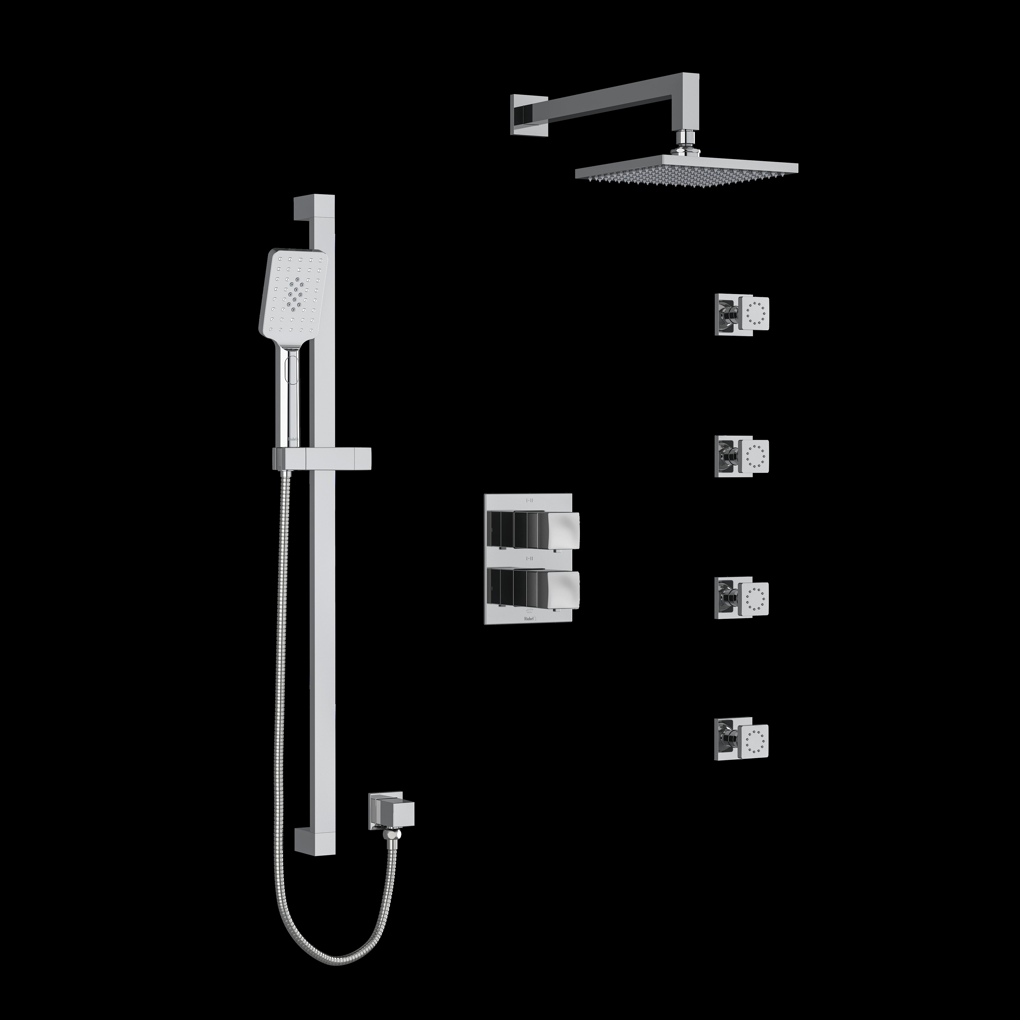 Riobel KIT446RFC- Type T/P (thermostatic/pressure balance) double coaxial system with hand shower rail 4 body jets and shower head