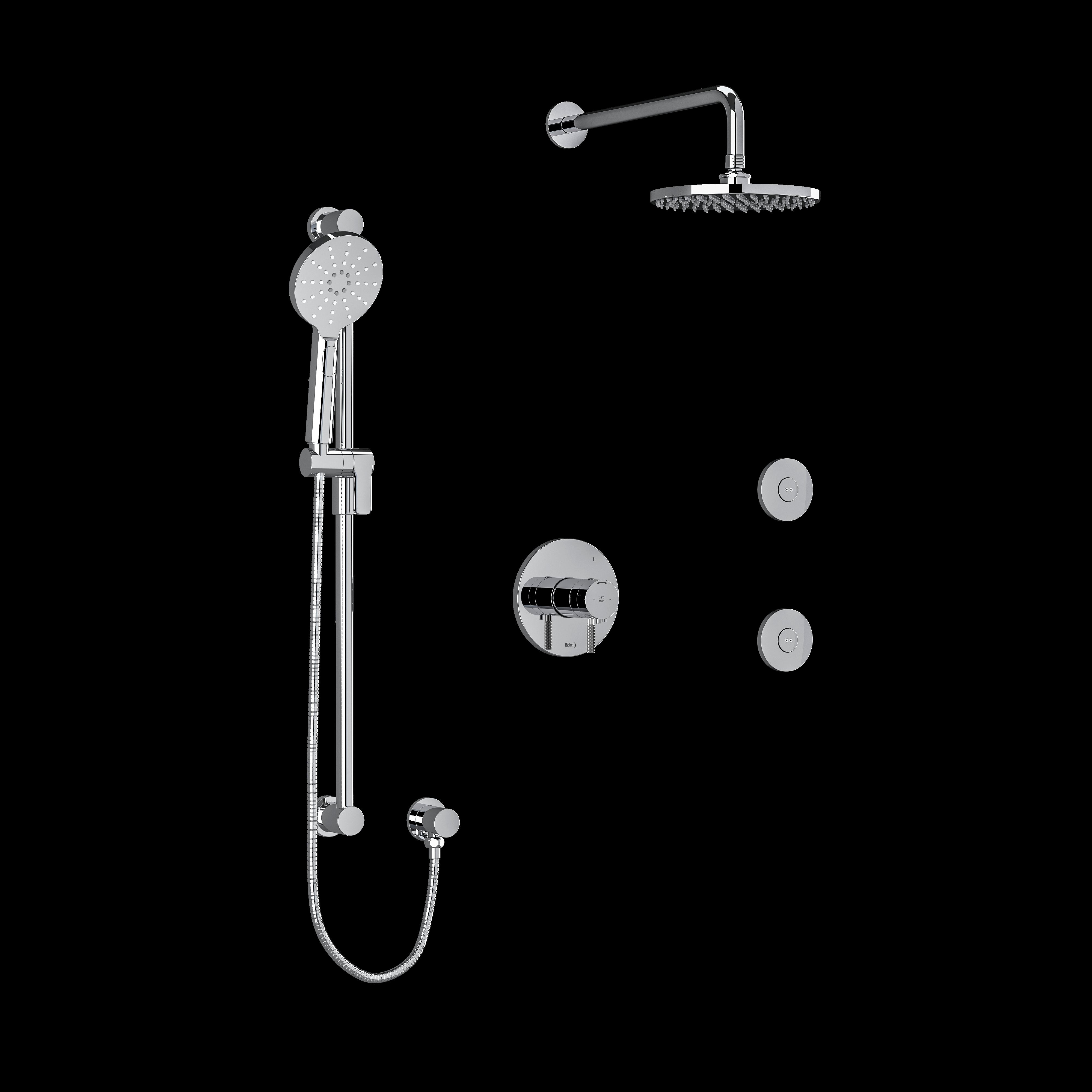 Riobel KIT3545RUTMKNC- Type T/P (thermostatic/pressure balance) coaxial 3-way system hand shower rail elbow supply shower head and 2 body jets