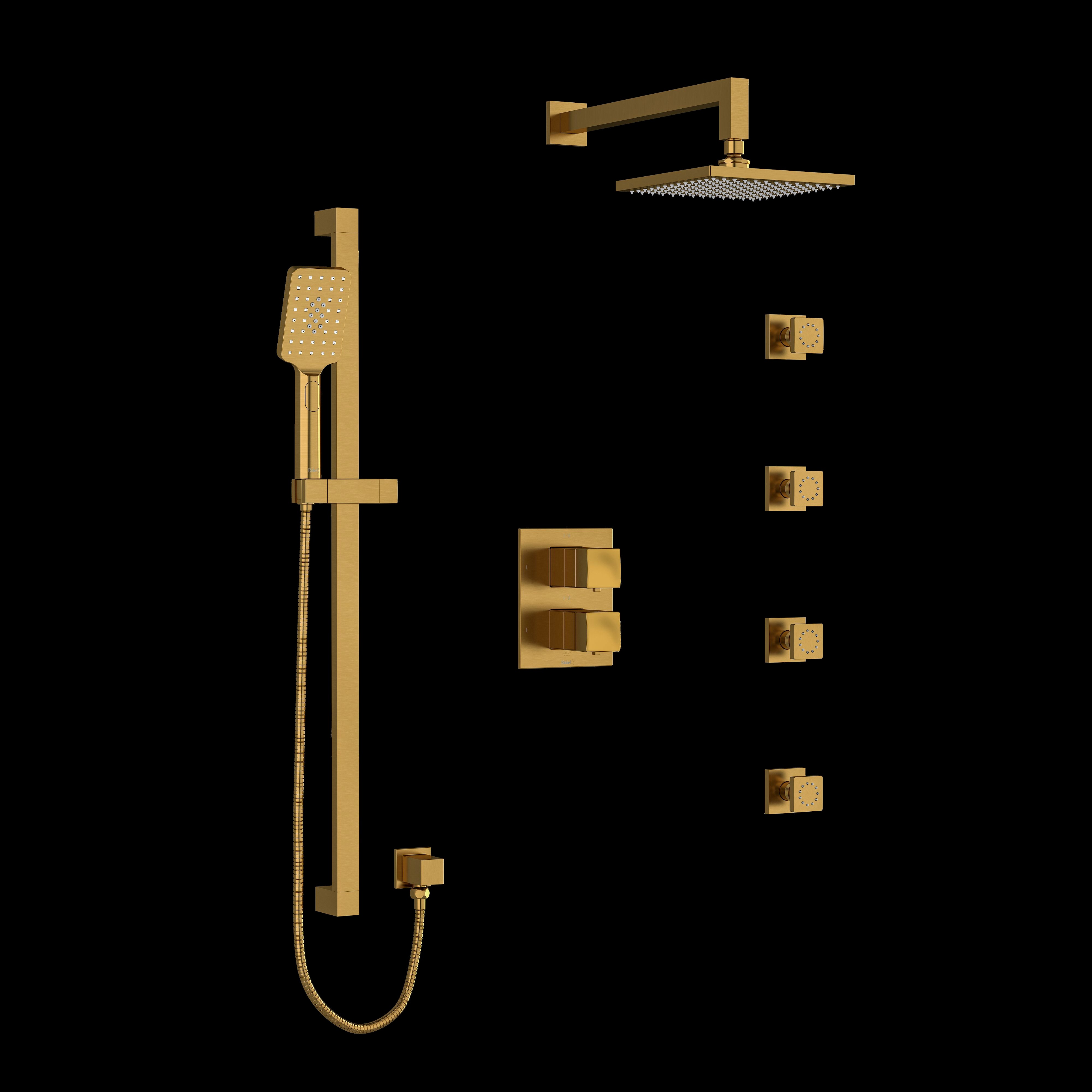 Riobel KIT446RFBG- Type T/P (thermostatic/pressure balance) double coaxial system with hand shower rail 4 body jets and shower head