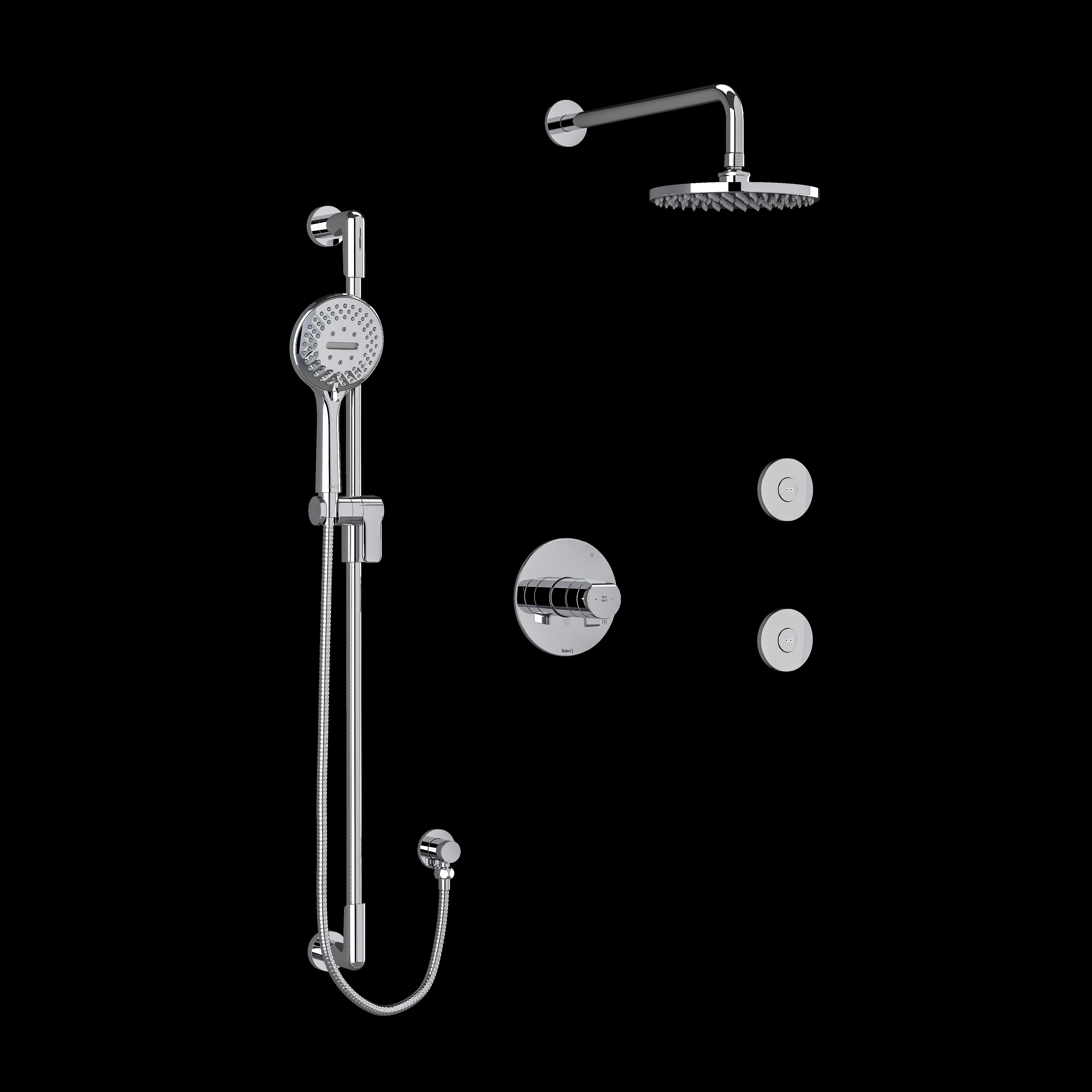 Riobel KIT3545PBC- Type T/P (thermostatic/pressure balance) coaxial 3-way system hand shower rail elbow supply shower head and 2 body jets