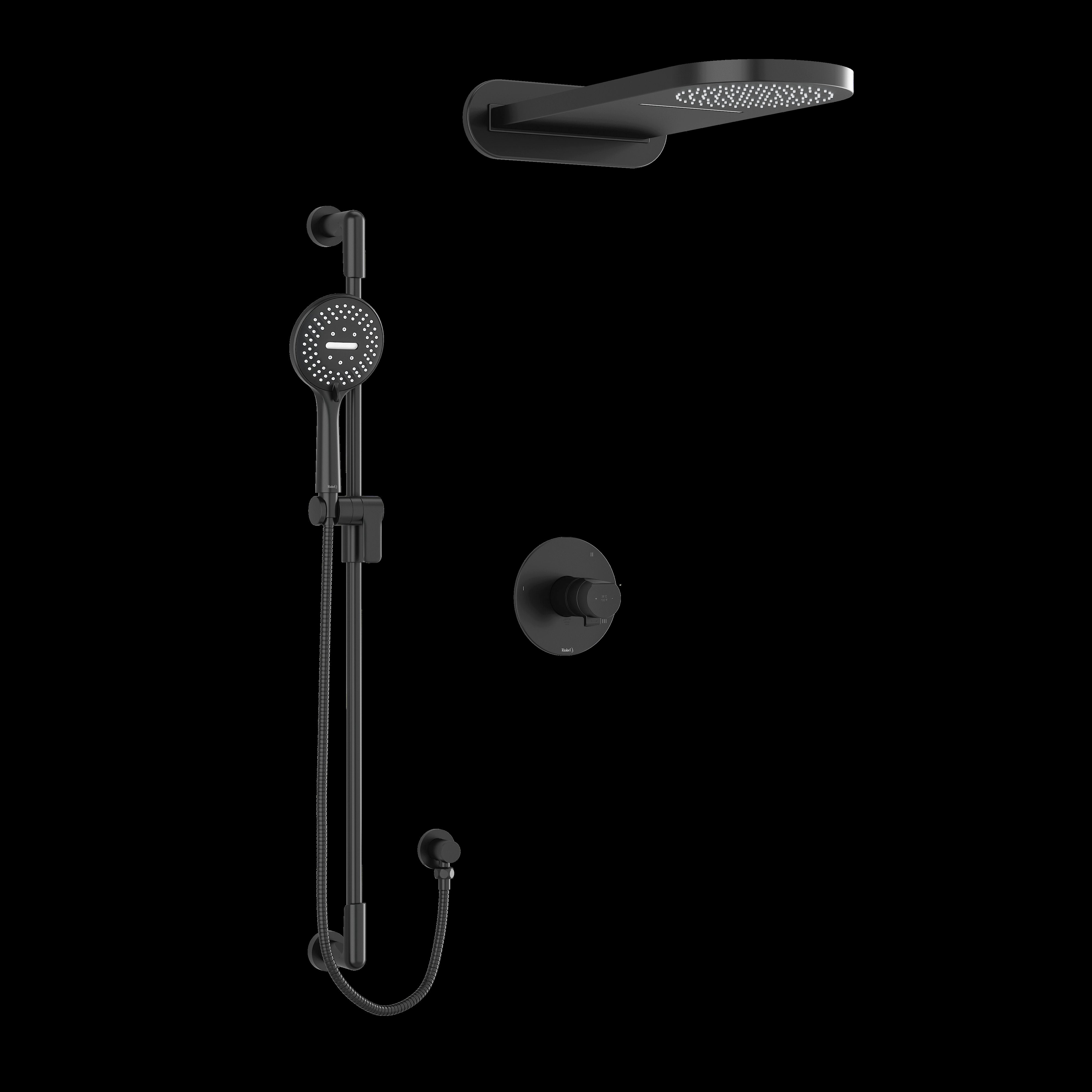 Riobel KIT2745PBBK- Type T/P (thermostatic/pressure balance) coaxial 3-way system with hand shower rail and rain and cascade shower head