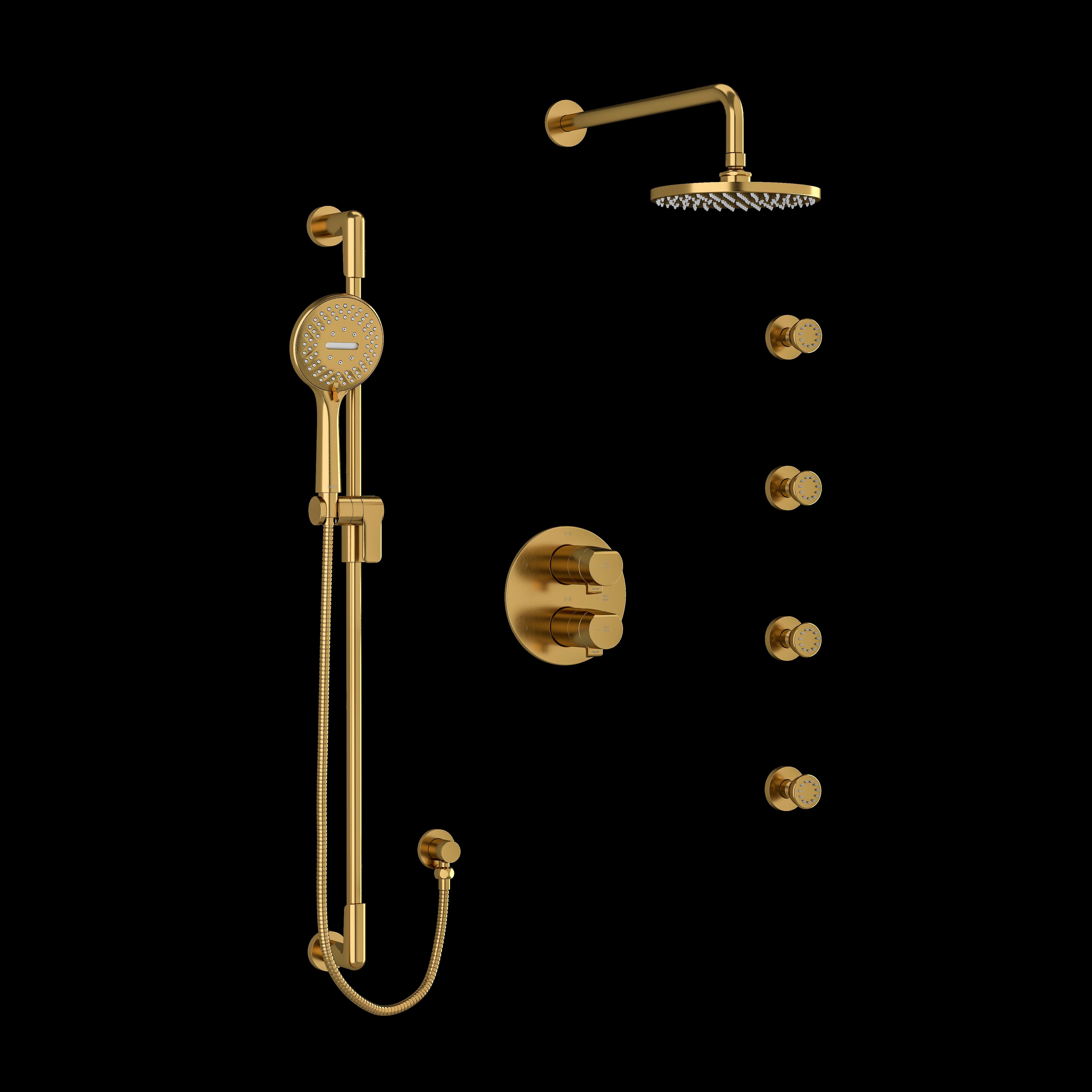 Riobel KIT446PBBG- Type T/P (thermostatic/pressure balance) double coaxial system with hand shower rail 4 body jets and shower head