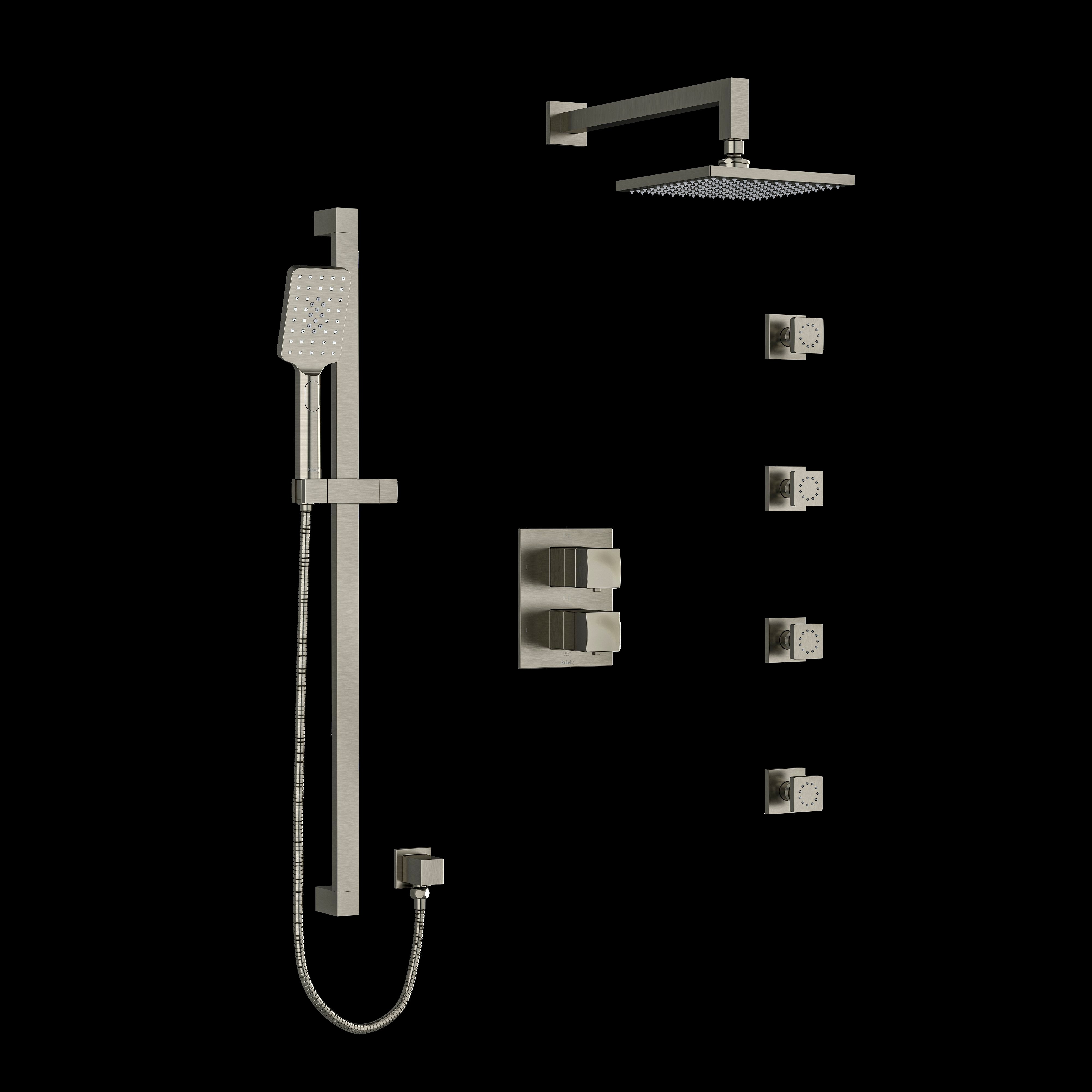 Riobel KIT446RFBN- Type T/P (thermostatic/pressure balance) double coaxial system with hand shower rail 4 body jets and shower head